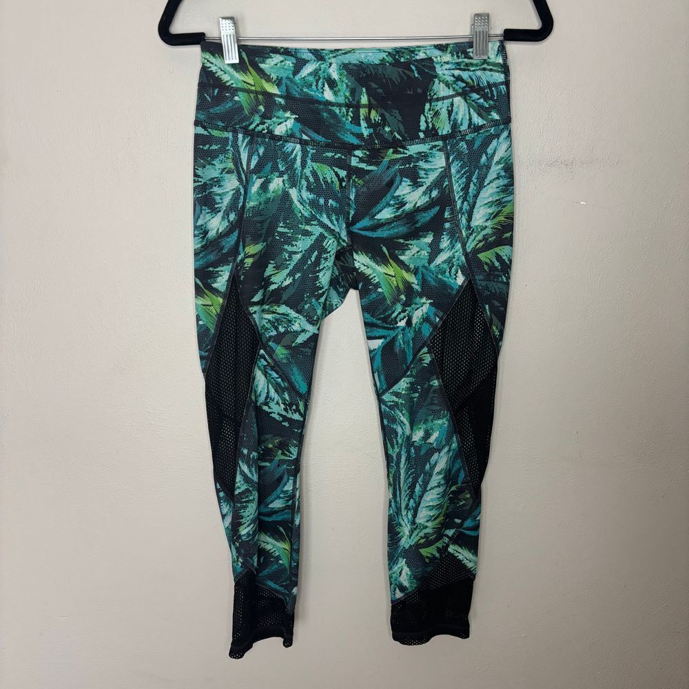 Athleta Legging Women Small Blue Green Tropical Palm Print Mesh Workout Athletic